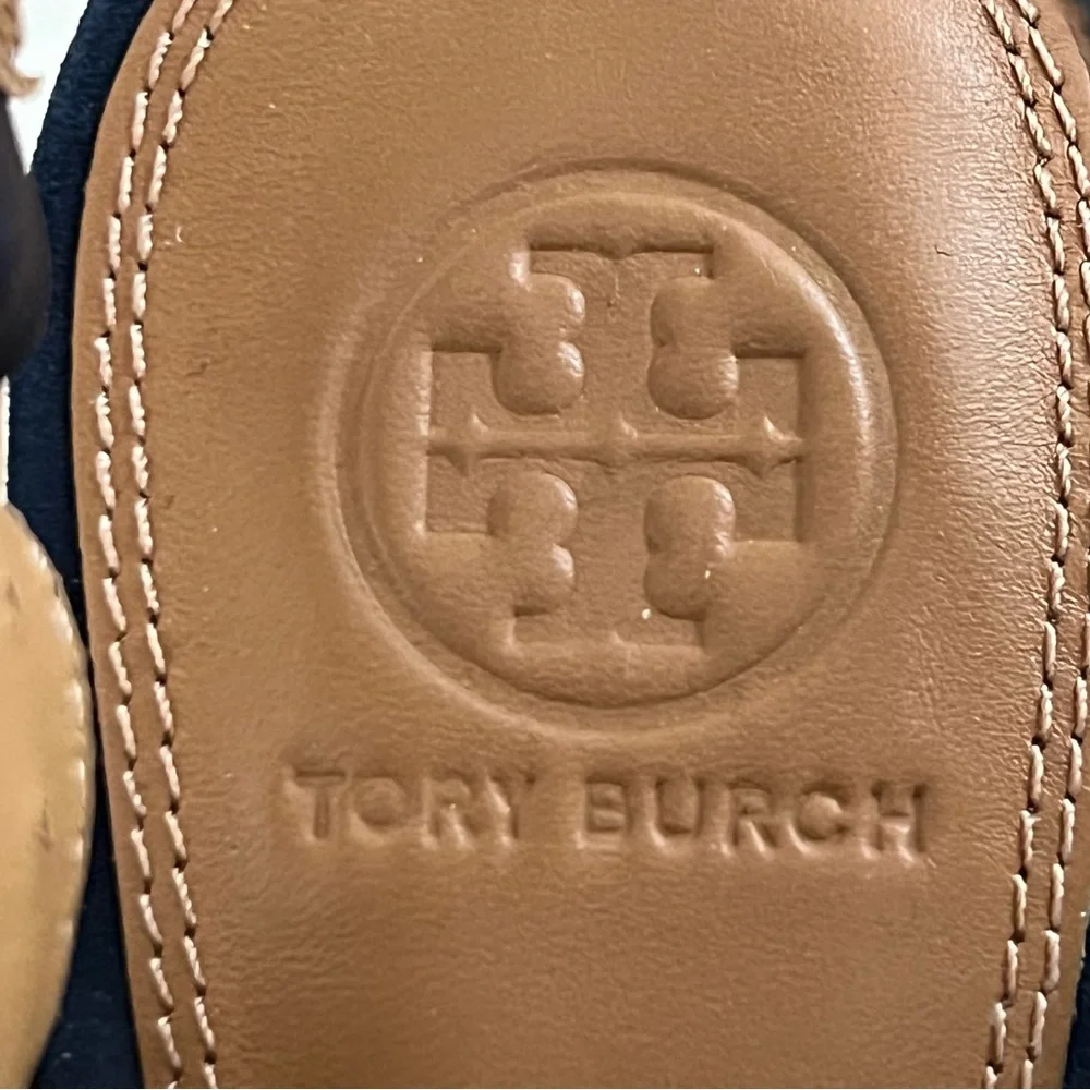 NEW Tory Burch Trinity Embroidered Navy Espadrille Heeled Slingback Sandal